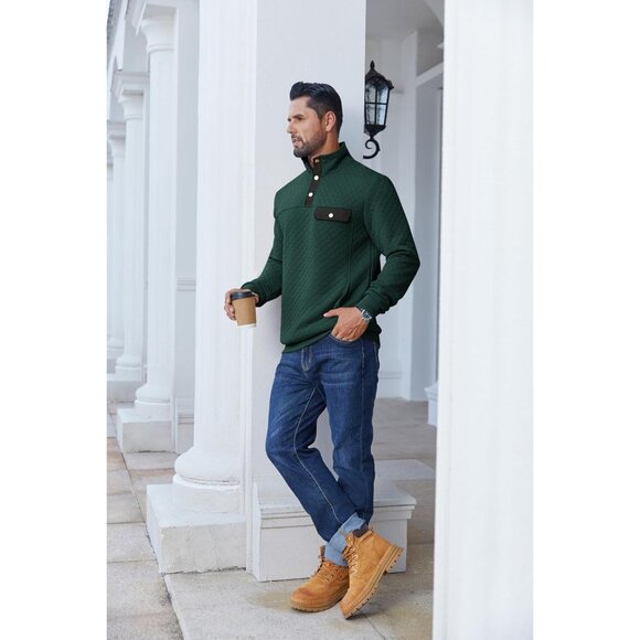 Men's Sweatshirt Quarter Button Pullover Sweatshirt Stand Collar Polo Green - Picture 4 of 5